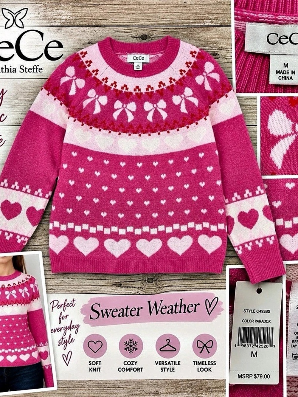 CeCe by Cynthia Steffe Heart & Bow Fair Isle Sweater – NWT – Size Medium